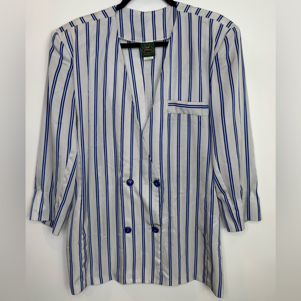 Vintage Blue White Striped Double-Breasted satiny Blazer jacket size 13